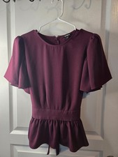 Express Burgundy Puff Sleeve Peplum Blouse To...
