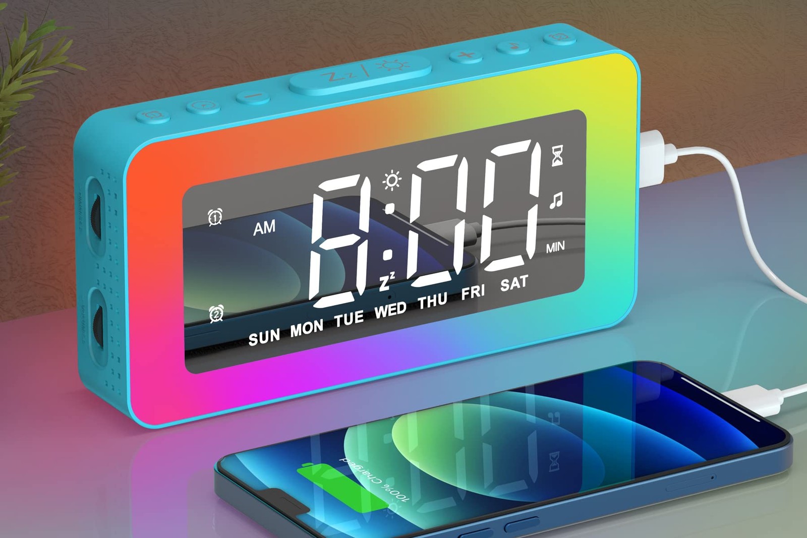 RGB Night Light Alarm Clock for Kids, Teenagers, Adults, Mirrored Clock with ...