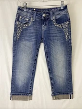 Miss Me Youth Size 24 Cuffed Capri Jeans Rhinestones Jewel Embroidered JP6168P
