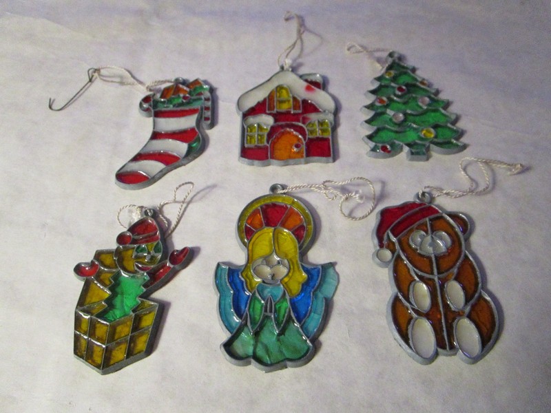 Vintage Stained Glass Christmas ORNAMENTS LOT OF 6