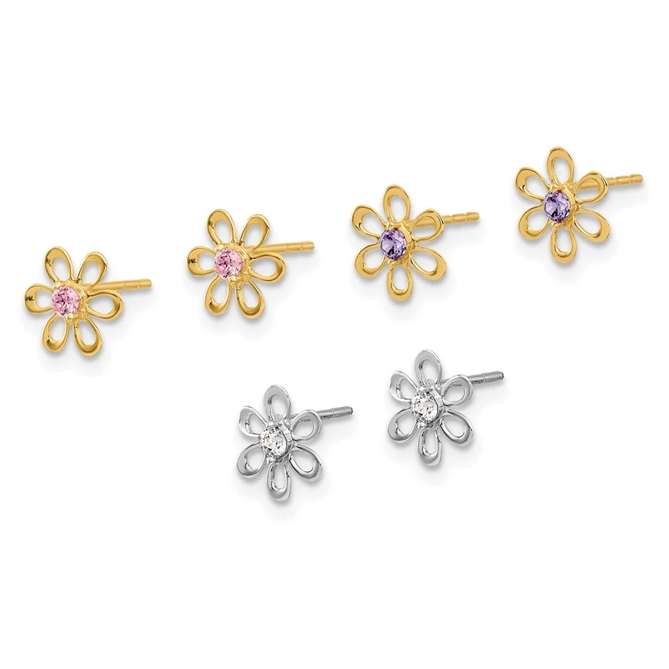 14K Two tone Gold Multi-color Cubic Zirconia Flower Stud Earring Set 0.9gm - Image 2 of 4
