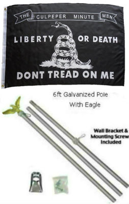 3x5 Gadsden Culpepper Culpeper Black White Flags Galvanized Pole Kit Set 3'x5'