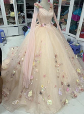 Long Sleeves Florals Wedding Dresses V Neck Fairy Satin and Tulle Ball Gowns