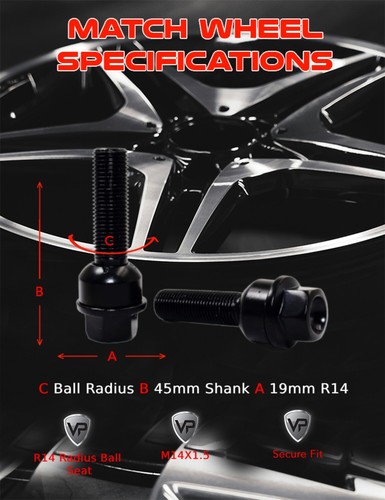 20 14x1.5 Veritek R14 19mm 45mm Black Washer Lug Bolts Ball Seat for Porsche - Picture 8 of 8