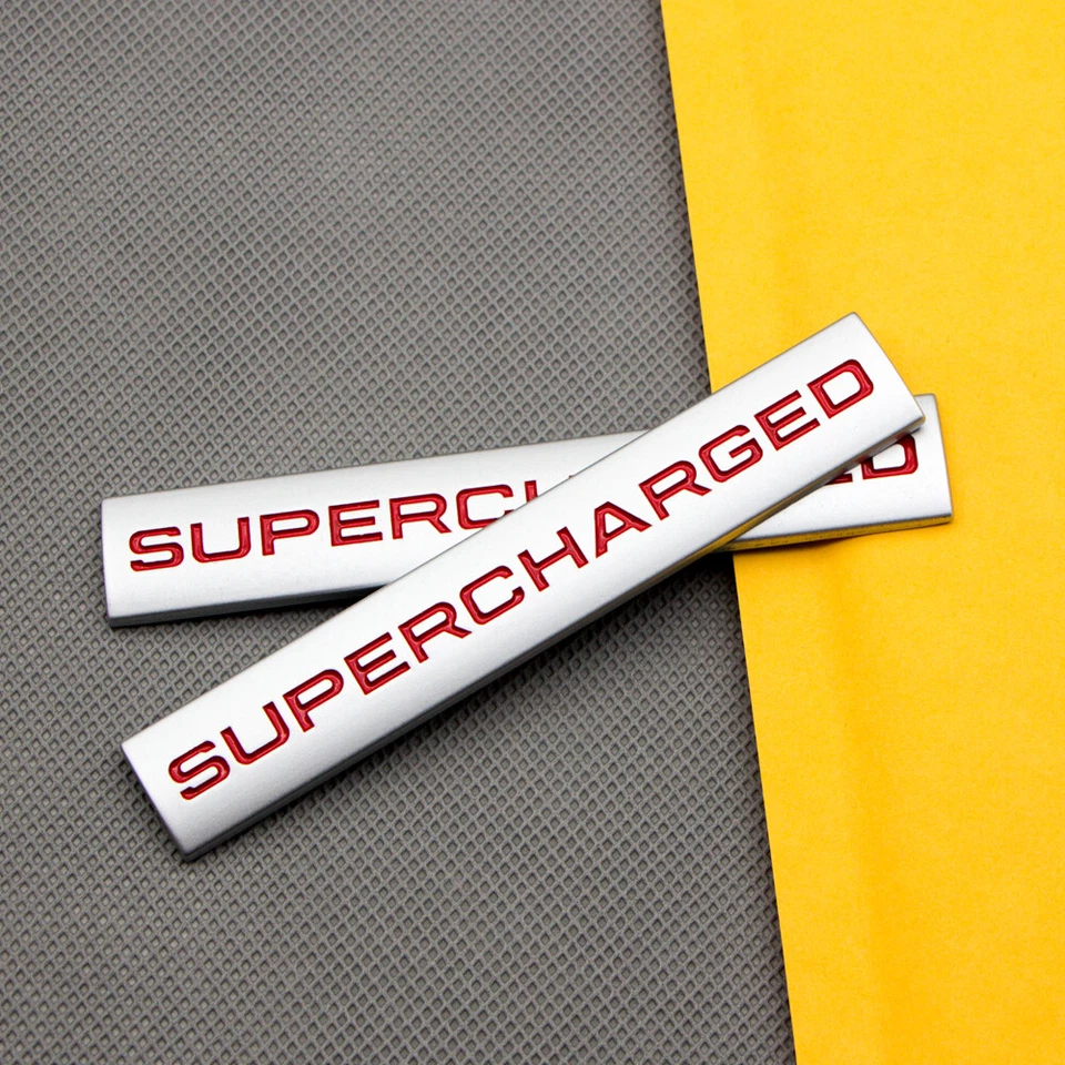 2Pcs Silver & Red Metal Supercharged Emblem Car Turbo Engine Badge V6 V8 Sticker - Image 4 of 4