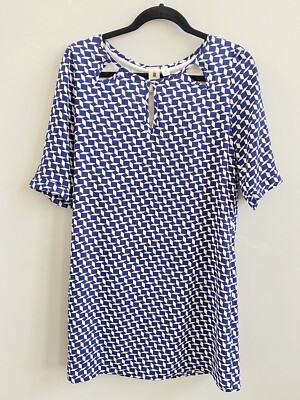 Needle & Thread Dress Women M Medium Blue Geometric Sheath Midi Round Neck Lined