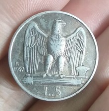 Vittorio Emanuele III 5 Lire 1927 Aquilotto 2 Rosette Argento, Patina 