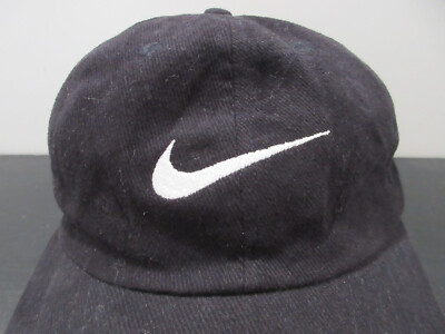 VINTAGE Nike Hat Cap Strap Back Black White Swoosh Adjustable