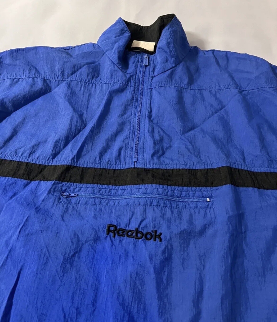 Vintage REEBOK 1/2 Zip Pullover Windbreaker Large Lightweight Black Blue 90s L thumbnail 5