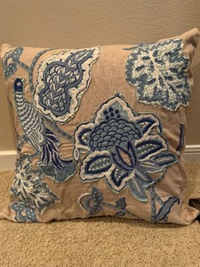 Pottery Barn Blue Tan 24x24 Crewel Embroidered Bird Flower Pillow