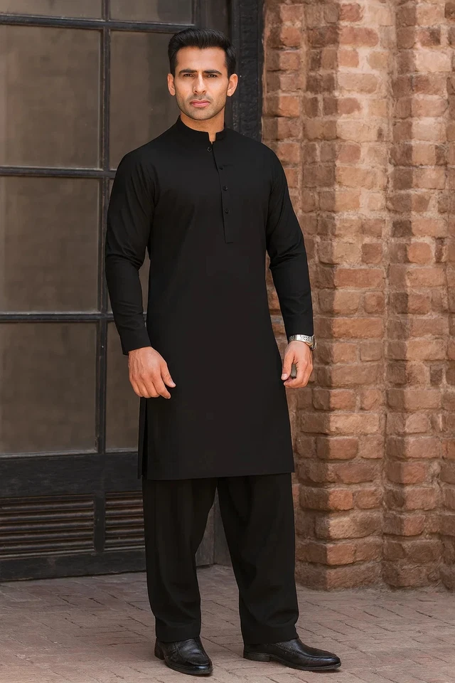 Elegant Pakistani Plain Cotton Black Shalwar Kameez