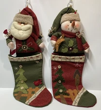 2 Lot Burlap Christmas Stockings 3D Plush Santa Snowman Rustic Country Farmhouse