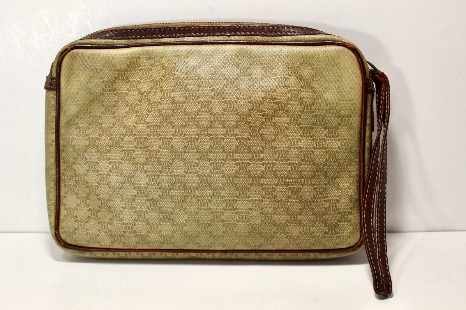 Borsa pochette vintage CELINE Macadam PVC marrone chiaro cinturino da polso