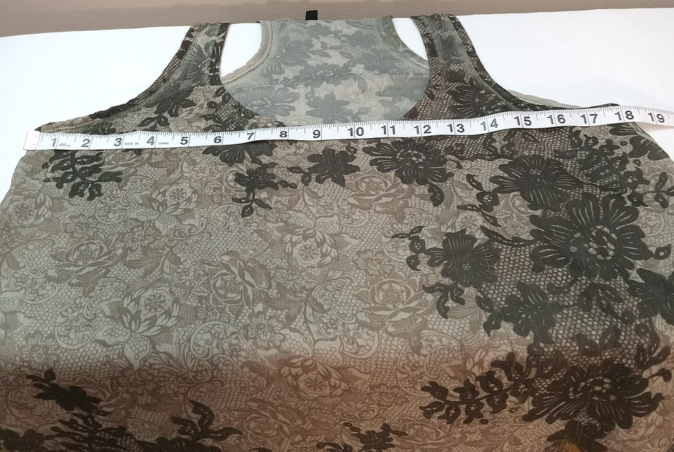 FANG 衬衫女式 L Sage 绿色佩斯利花卉半透明赛车无袖 — 第 3/4 张图片