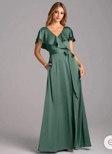 Azazie Lainey Eucalyptus A Line With Pockets Stretch Satin Dress NWT Size 12