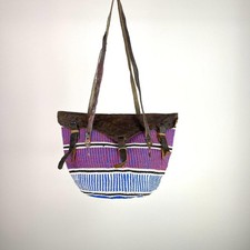 Vintage 70s hand woven purse tote bag leather straps