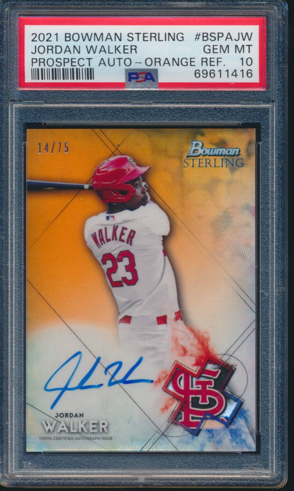 PSA 10 JORDAN WALKER AUTO 2021 Bowman Sterling ORANGE REFRACTOR #/75 RC GEM MINT