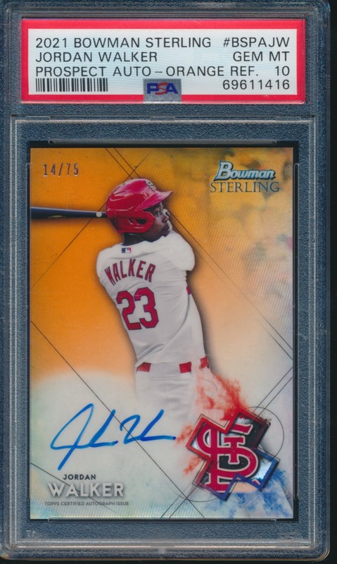 PSA 10 JORDAN WALKER AUTO 2021 Bowman Sterling ORANGE REFRACTOR #/75 RC GEM MINT
