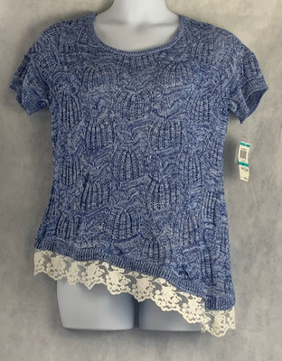 INC International Concepts Women's Plus Size Lace-Hem Knit Top, Blue, 0X