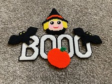 Vintage Halloween Completed Finished Hanging Plastic Canvas BOO- witch,bats, 