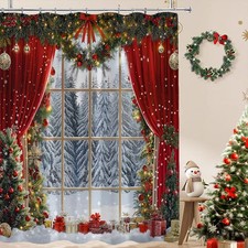 Winter Christmas Shower Curtain Snowy Forest Pine Tree Red Window Scene Chris...