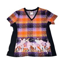 White Cross Scrub Top Women  s Halloween Trick Or Treat Boo With Ghosts Size L