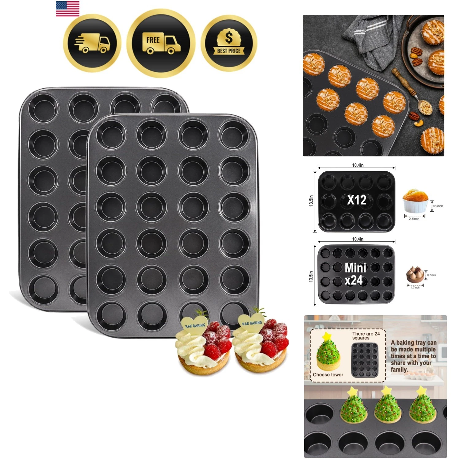 2 Pack Bakeware 24-Cup, Mini Muffin Pan, Dishwasher Oven Safe Black, Steel