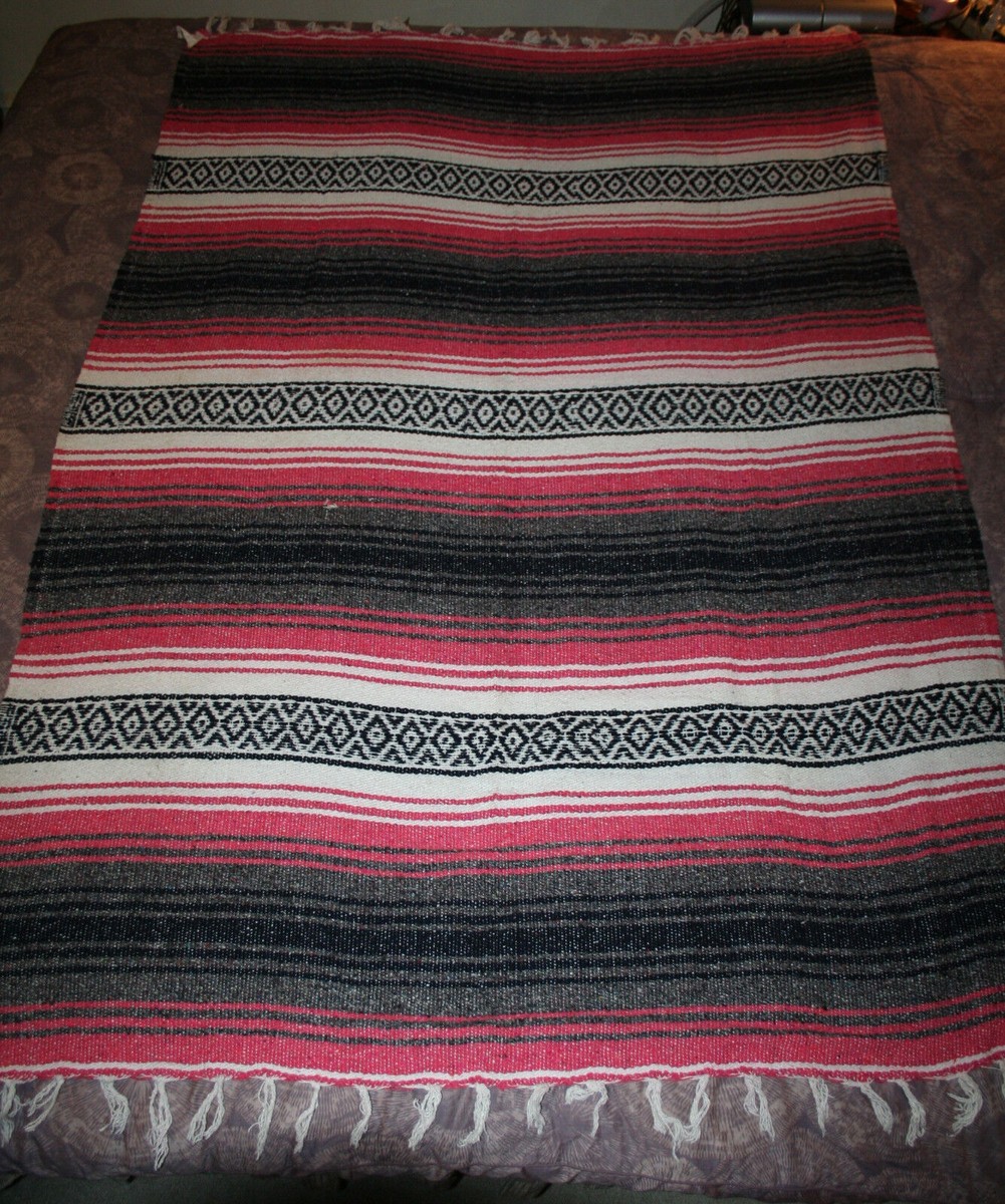VTG Cotton Mexican Blanket Hand Woven 50x72 Pink Black White