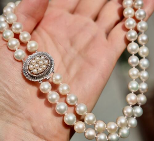 18K SOLID WHITE GOLD 0.75X0.9" CLOSURE PEARL 70.4 GRAMS 2-STRING BEADED NECKLACE
