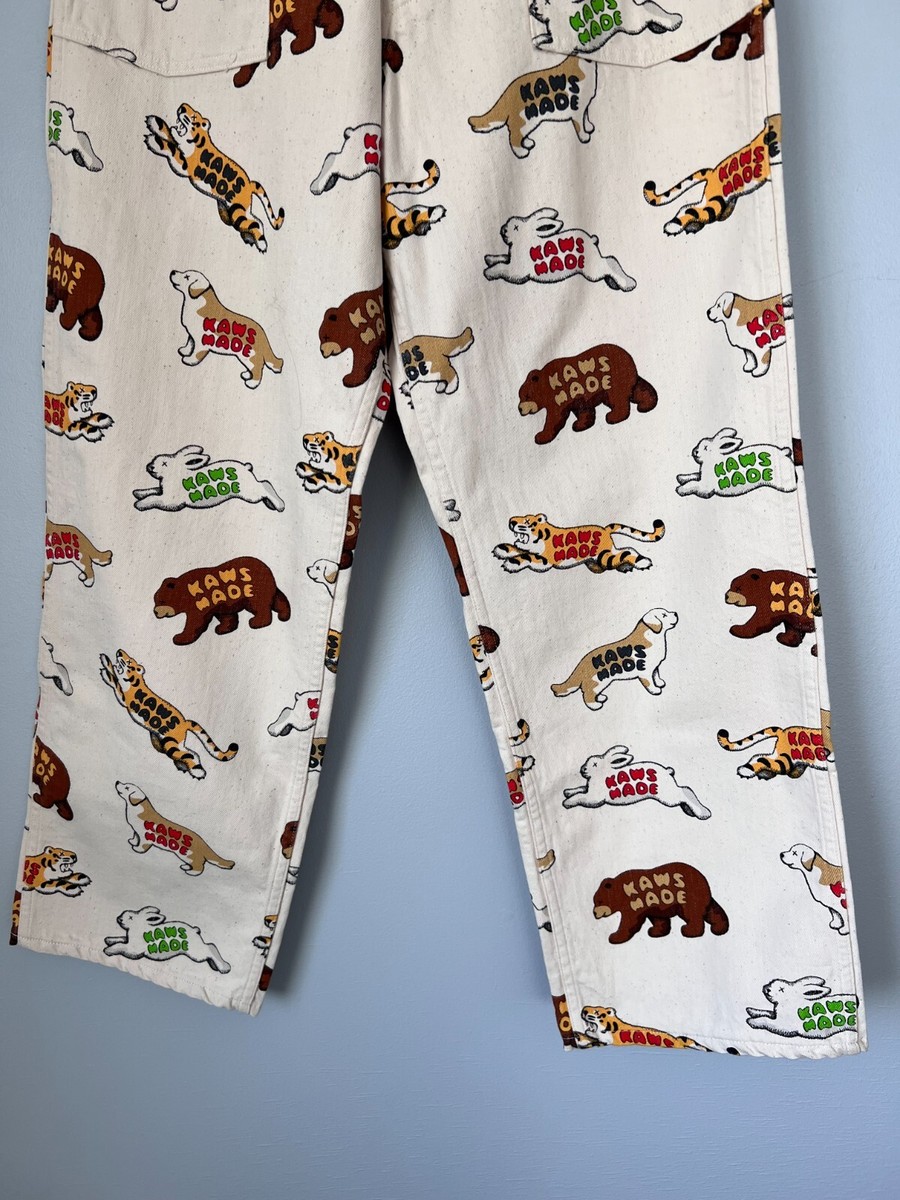 KAWS x Human Made Animal Pattern Pants - Size Medium - Beige - NEW