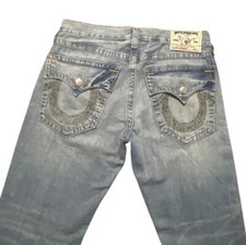 True Religion Ricky Jeans Mens Size 34x33 Blue Light Wash Studded Flap USA Made