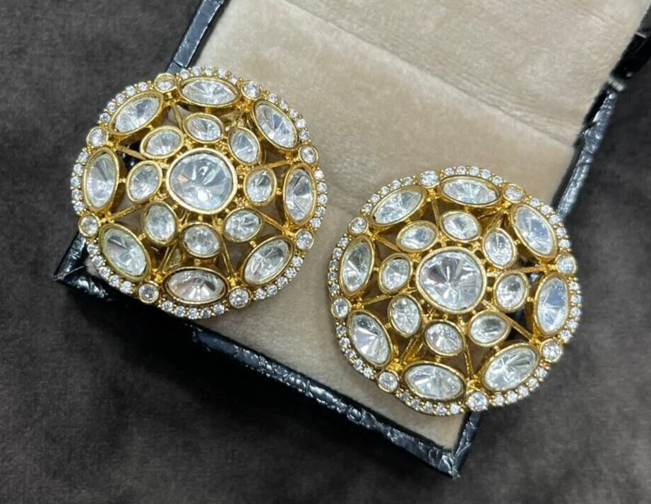 Indian Bollywood Style Gold Plated 925 Sterling Silver CZ Kundan Polki Earrings