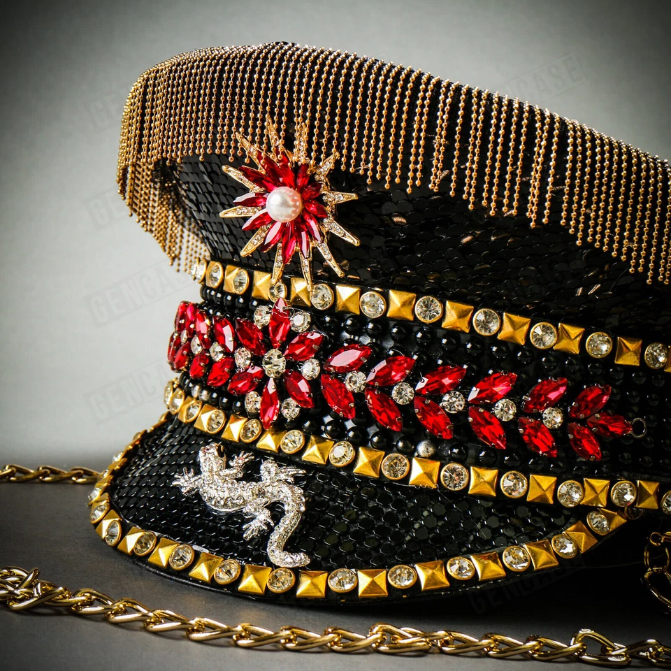 黑金蒸汽朋克燃烧人船长帽子带水钻链渔夫帽 — 第 4/4 张图片