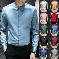 New Plus Size S-4XL Men Shirt Silk Satin Smooth Mens Solid Tuxedo Business Shirt