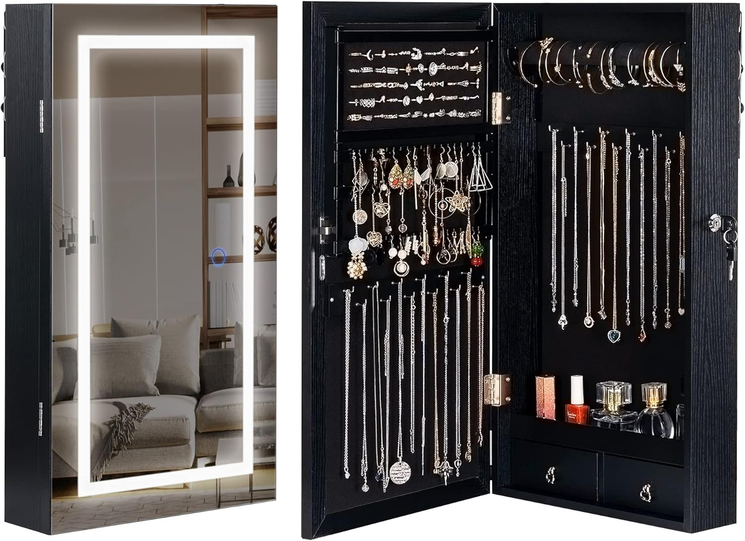 LED Jewelry Armoire with Mountable Frameless Mirror & Built-in Lights  