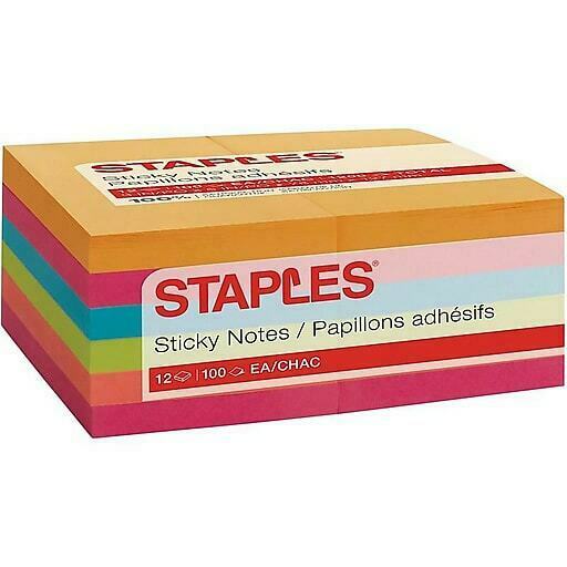 Staples Stickies Standard Notes 3" X 5" Assorted 100 Sh/pd 12 Pd/pk