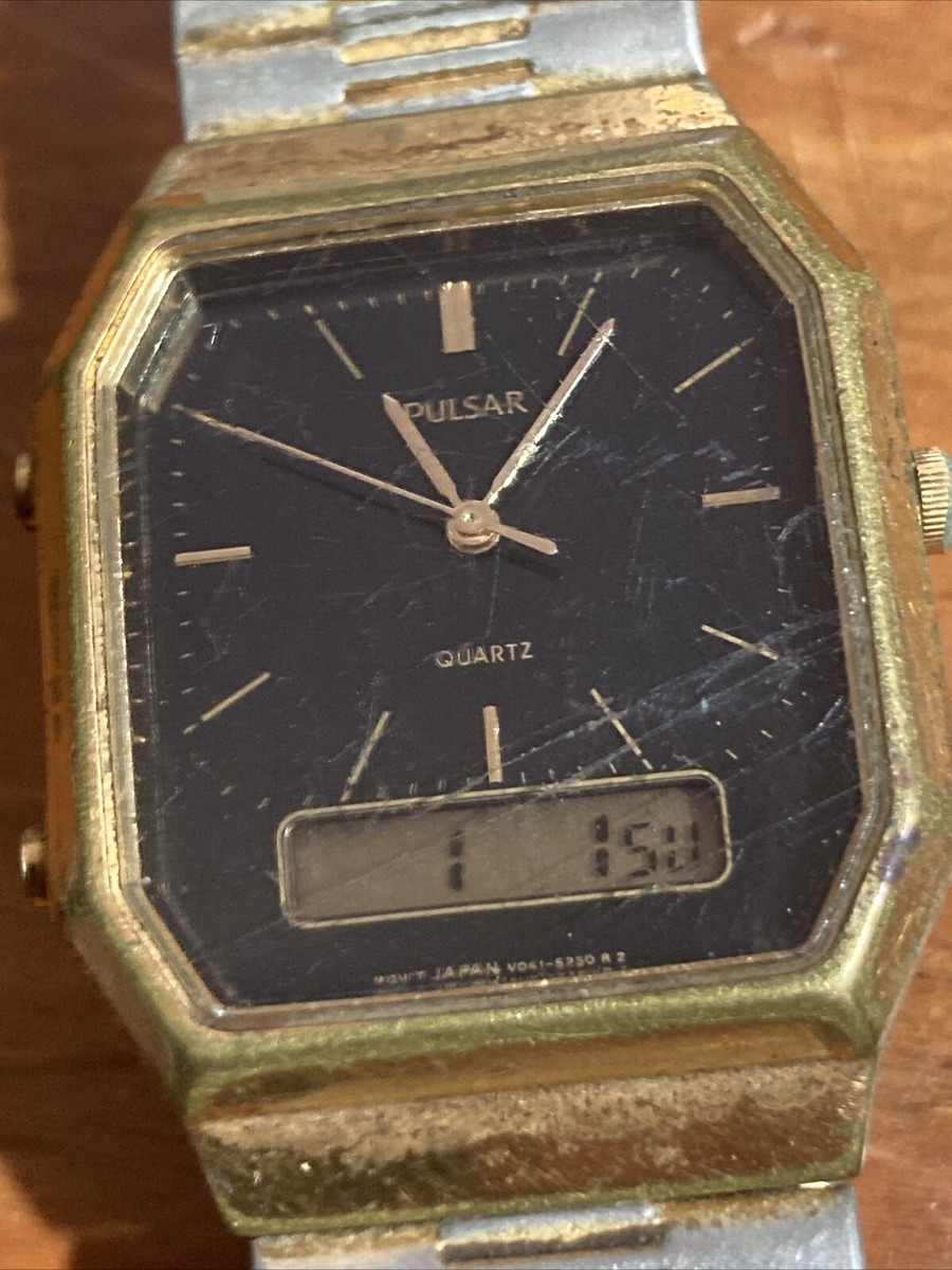 Vintage 1990 PULSAR Men's Analog + LCD Quartz Watch Gold Case