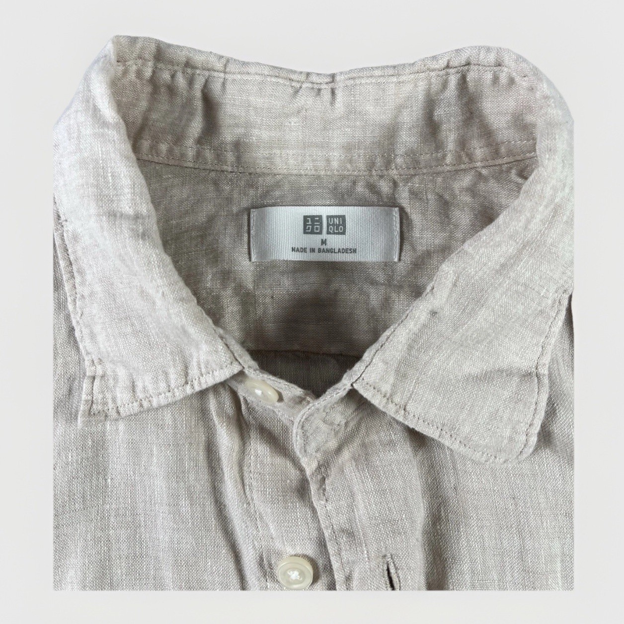 Uniqlo Shirt Mens Medium M Long Sleeve Button Up 100% Premium Linen Pocket Beige thumbnail 2