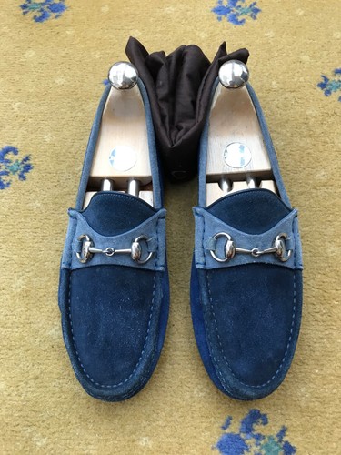 Gucci Loafers Suede Shoes Drivers Silver Horsebit Blue Mens US 7 UK 6.5 EU 40.5 - Picture 1 of 13