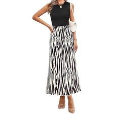 Womens Graphic Print A Line Pleated Work Dress Sleeveless Beige Zebra Small
