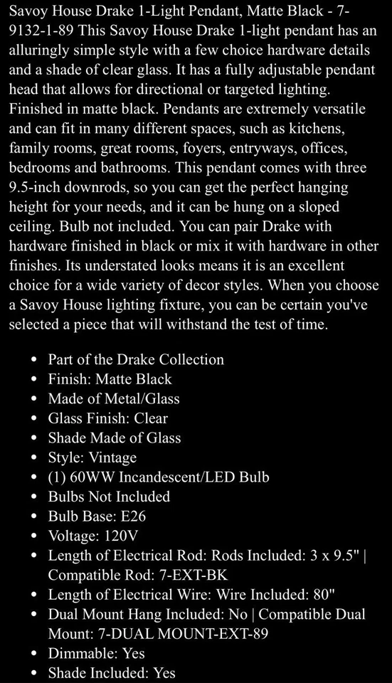 *ESTE ES UN PAR* Colgante de 1 luz Savoy House Drake, negro mate - 7-9132-1-89 Foto 4 de 4