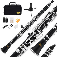 B Flat Clarinet for Beginner, Ebonite Clarinet Nickel-Plated with 2 Barrels, 3 R