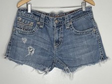Rock Revival Mitch Relaxed Distressed Denim Cut Off Shorts Blue Embroidered -W33