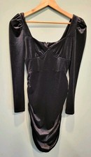 Black Stretch Velvet Long Sleeve Babydoll Ruched Bodycon Dress Witchy Vamp Sz S