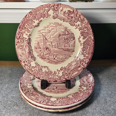 3 La Cartuja de Sevilla 1850s Red Transferware Ironstone 8.75'' Salad Plates