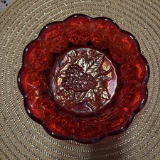 Fenton Carnival Iridescent Glass Red Raised Grapes Scalloped Bowl Dish