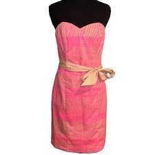 H&M Neon Pink and Khaki Strapless Mini Dress with Bow Size 8