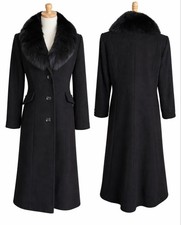 NWOT Sacchi Collection Black Lambswool Pea Coat with Fox Fur Collar 12P