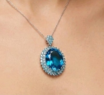 925 Sterling Silber Weißgold Anhänger Lebendig Intensiv Schweizer Blautopas 37,80Ct