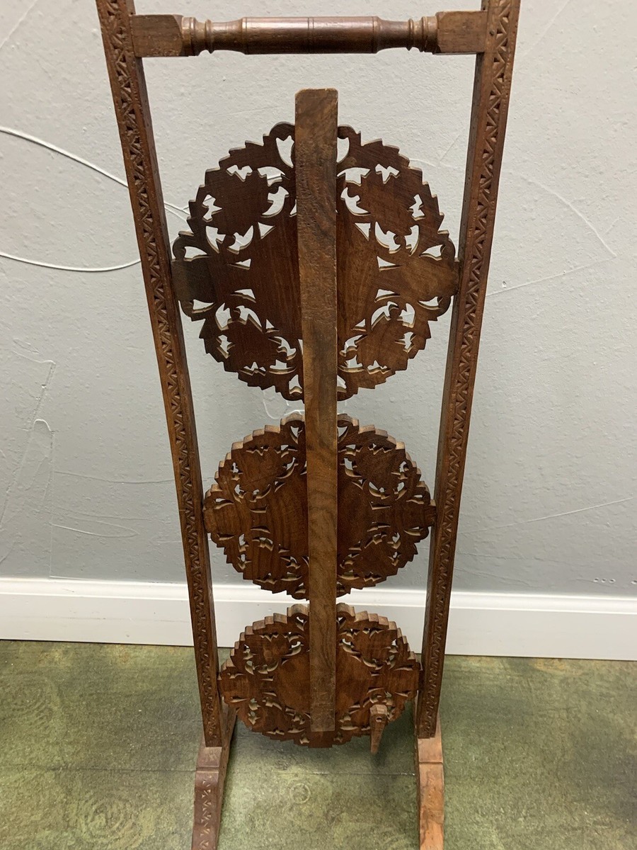 ANTIQUE VINTAGE CARVED WOOD 3 TIER FOLDING CAKE TEA DISPLAY PLANT